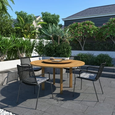 Amazonia Kingston 5-Piece Patio Round Lazy Susan Dining Table Set, Teak Finish, Ideal for Outdoors and Indoors, Grey Cushions