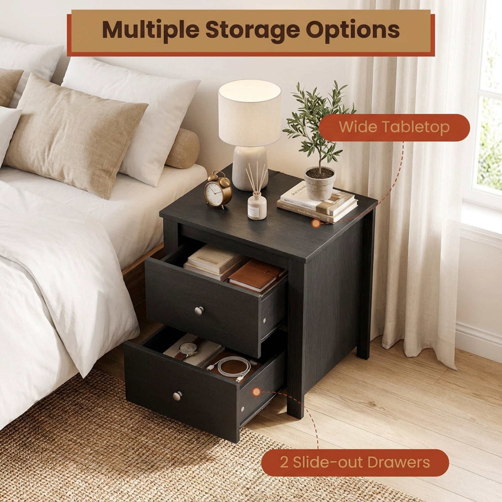 Furnibear Nightstand with 2 Drawers & Storage for Bedroom Living Room Small Spaces for Bedroom Living Room Bedside Sofa Side Small Space, Black