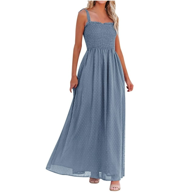 Robes de Plage pour Femmes à Bretelles à Nouer, Smockées, Bohèmes, Unies, Maxi, à Pois Suisses, Coupe Ample, Fluides, Longues, Robe Soleil