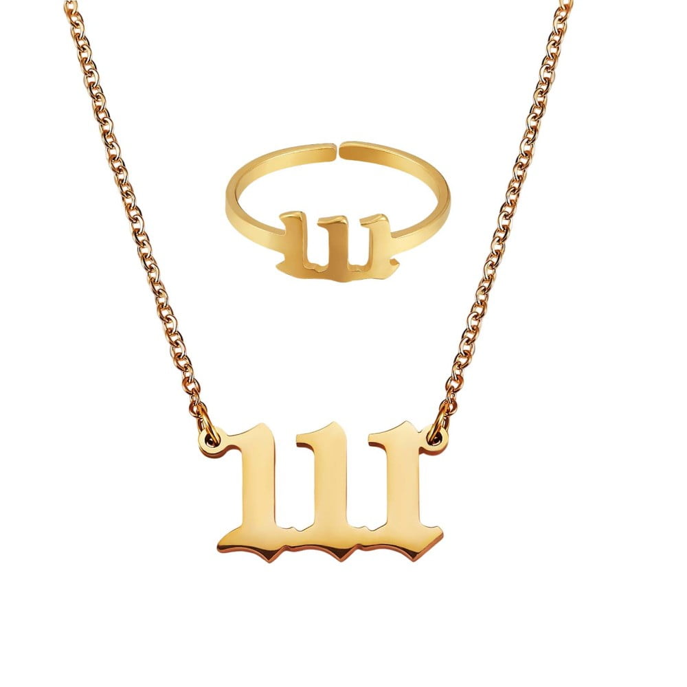 Number Pendant Necklace Open Cuff Ring Gold Plated 304 Stainless Steel Lucky Numerology Jewelry Set for Women Num.1US Size 7 3/4(17.9mm)