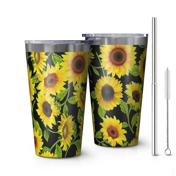 16oz Tumblers Black Green Leaf Sunflower Pattern Stainless Steel Vacuum Insulated Double Wall Travel Tumbler Cups Mug with Lid and Straw,Cleaning Brush for Coffee,Tea