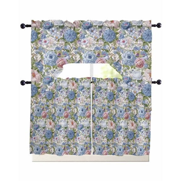 Blue Pink Spring Floral Swag Kitchen Curtains Sets for Windows 24 Inch Length, Vintage Summer Botanical Short Window Curtain Panels Swags Valances and Tiers 3 Piece Set for Cafe/Dining Room