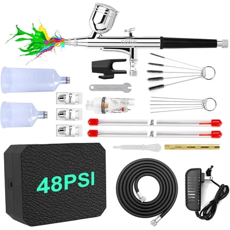 Airbrush Kit with Air Compressor, 40 48 PSI High Pressure Air Brush Non-Clogging with 0.2/0.3/0.5mm Nozzle/Sets, Airbrush Ideal for Nails Art, Makeup, T-Shirt Painting, Cake Ecorating DIY Model