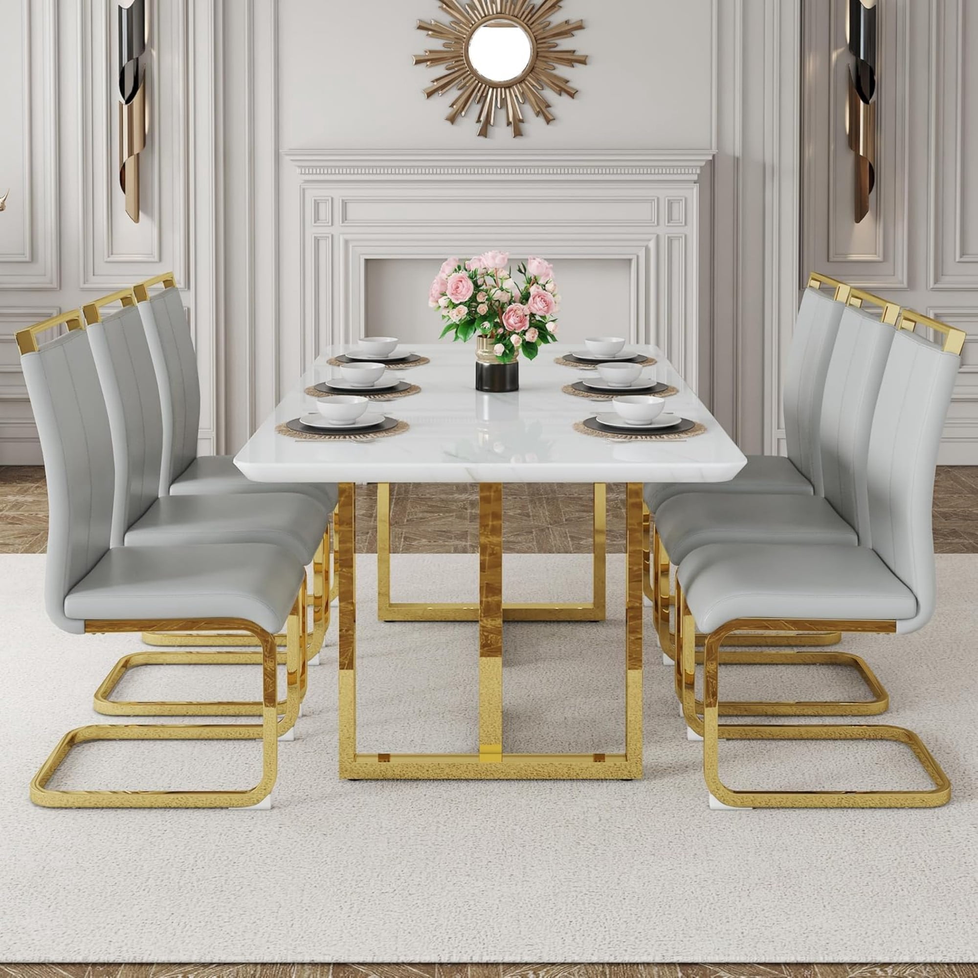 SUDICA Modern Light Grey Faux Leather Dining Chairs Set of 4, High Back Upholstered Seats with Gold Metal Legs for Dining Room