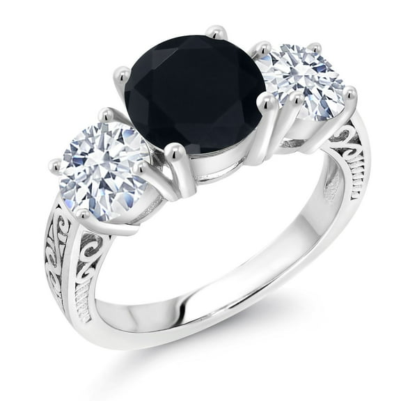 Gem Stone King 925 Sterling Silver Black Onyx and White Zirconia Engagement Ring for Women | 4.65 Cttw | Round 8MM | Gemstone December Birthstone | Size 5