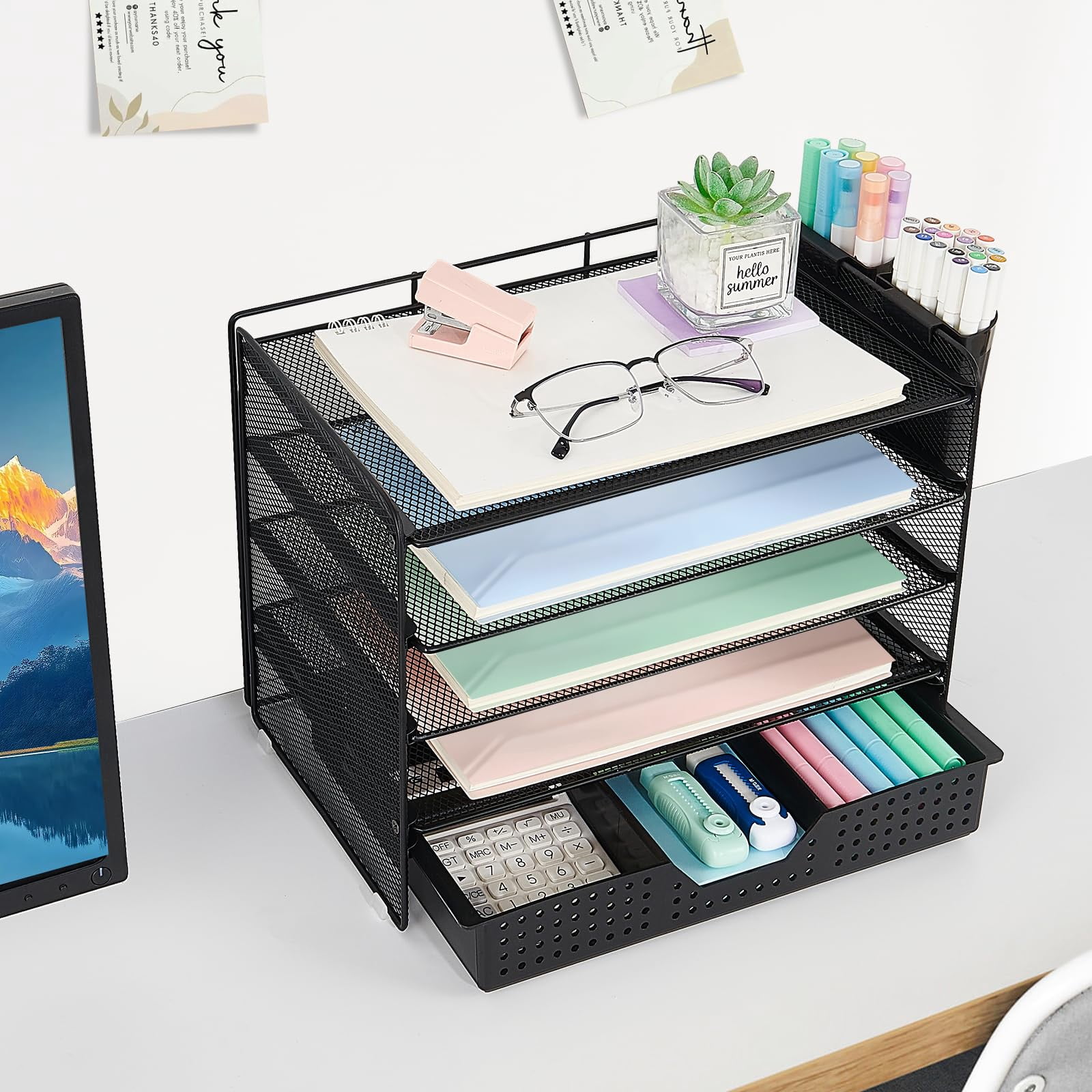 Desk Organizer And Accessories  5-tier Paper Letter Tray With Drawer & 2 Pen Holders For Desktop File Organization Office Supplies Storage (black)