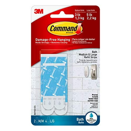 

Command Bath Replacement Strips 2-Medium and 4-Large Water-Resistant Adhesive Strips Re-Hang Bath Hooks or Caddies