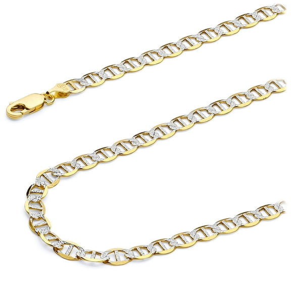 Wellingsale 14k Yellow Gold Polished Solid 4mm Flat Mariner White Pave Diamond Cut Chain Bracelet - 7.5"