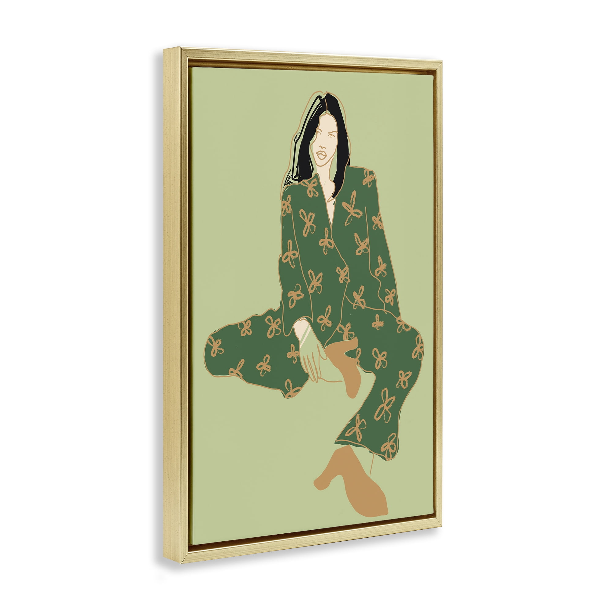 Stupell Industries Stylish Girl Sitting Novelty Painting Gold Floater Framed Art Print Wall Art, 21 x 31