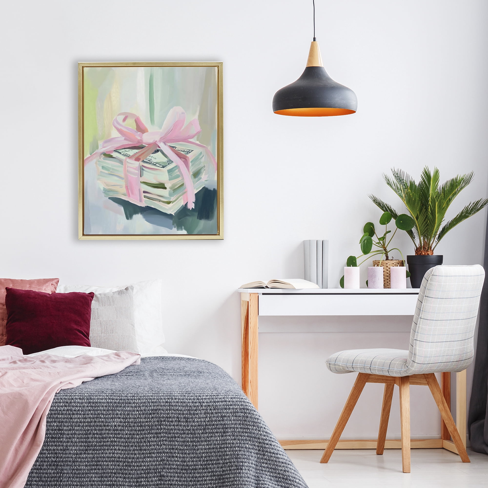 Stupell Industries Pink Bow Cash Bundle Gold Framed Floater Canvas Wall Art, design by The Prints Vibe