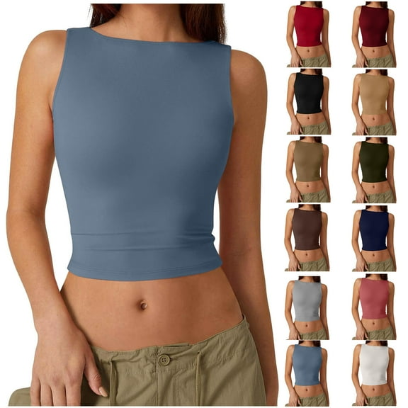 Summmer Savings Clearance! Womens Tank Tops Women's Fashionable Solid Open Back Round-Neck Tank Top Sleeveless Casual Blouses Beach Vacation Clothes for Women S-2XL
