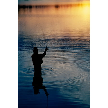 Rear view of fly-fisherman silhouetted by sunrise Mauthe Lake Kettle Moraine State Forest Wisconsin USA Stretched Canvas - Panoramic Images (27 x