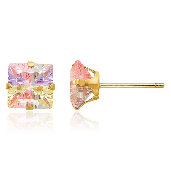 14K Solid Yellow Gold Multi-color Cubic Zirconia CZ 6mm Square Stud Earrings