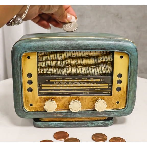 Novelty Vintage Retro Blue Antique Radio Player Money Coin Savings Piggy Bank