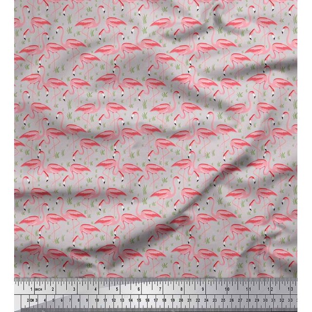 Soimoi Polyester Crepe Fabric Grass & Flamingo Bird Print Fabric by The Yard 42 Inch Wide