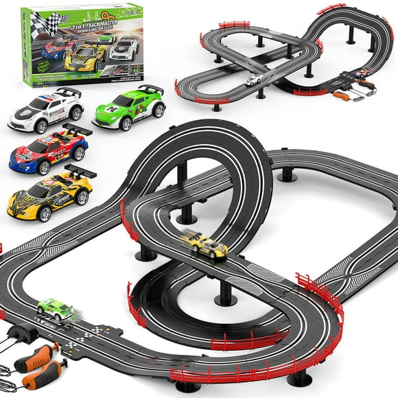 Set de pista de carreras de coches tragaperras a escala 1:43 con 4 coches tragaperras para niños