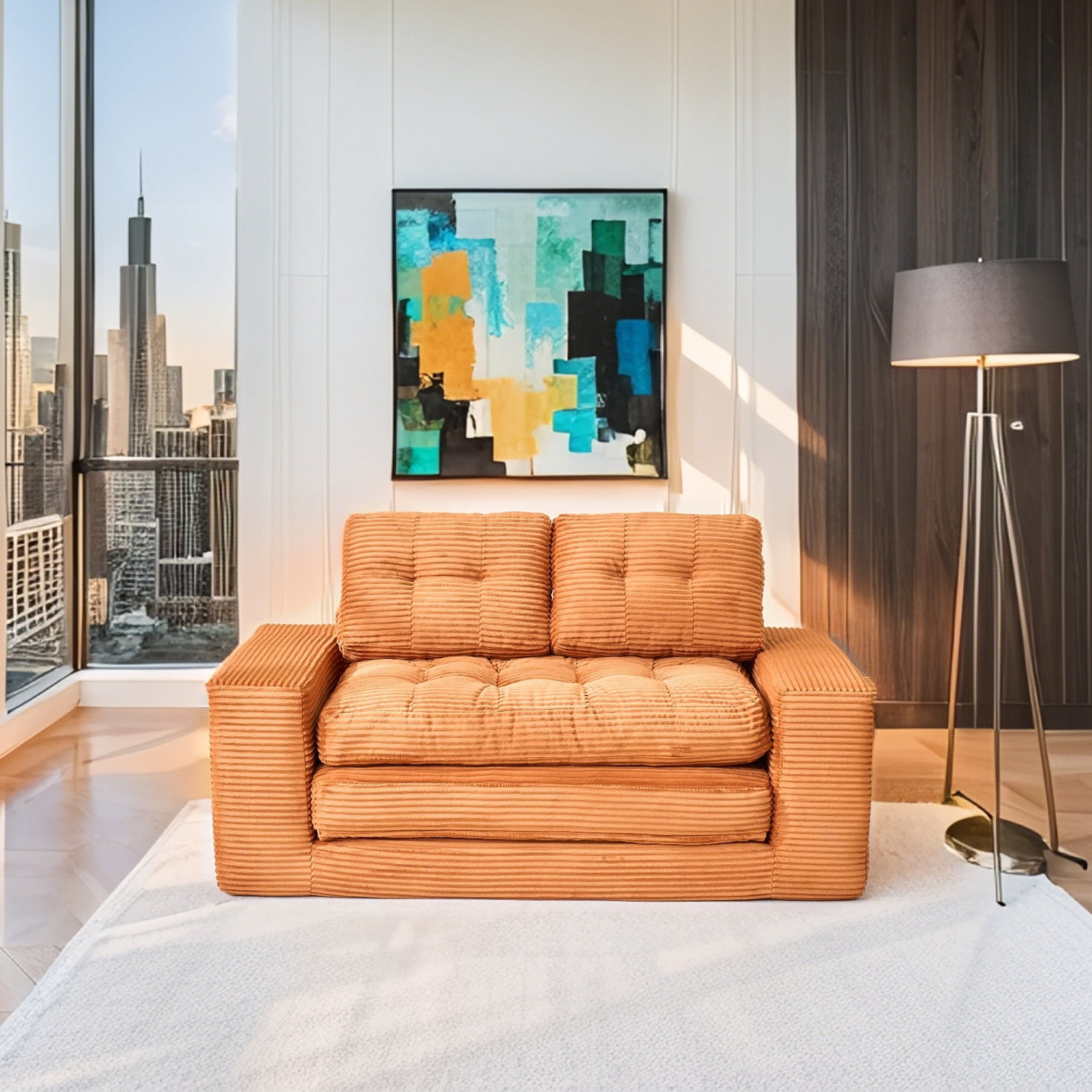 Leumius Futon Sofa Bed,2-in-1 Folding Sofa Bed with Memory Foam & Steel Frame,Corduroy Fabric Boneless Floor Sofa for Small Spaces, Apartments, Home Office & Bedroom,Orange