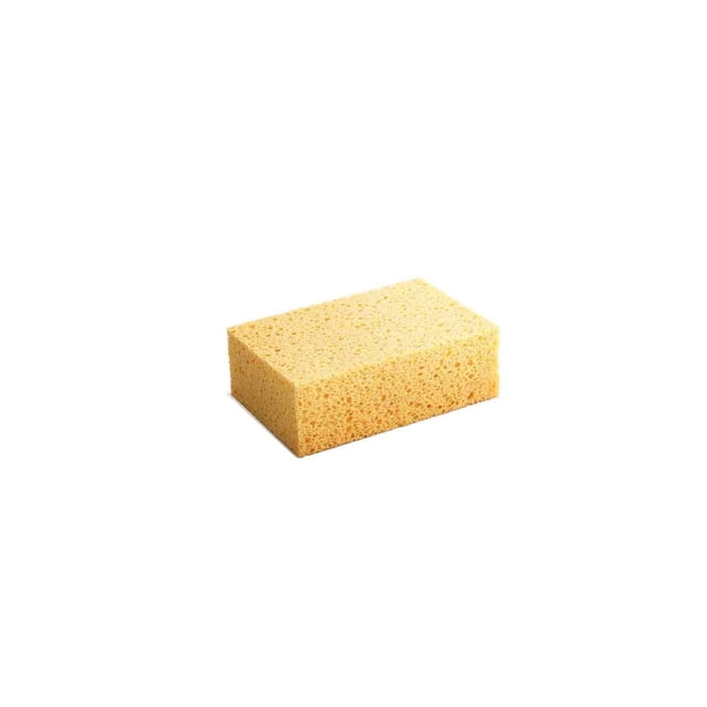esponjas para limpieza,esponja de pulpa de madera espesada para la limpieza de superficies de azulejos y cerámica,esponja de limpieza altamente absorbente y duradera,esponjas de limpieza para el hogar. Vista frontal centrada de una esponja rectangular amarilla de pulpa de madera con textura porosa y bordes rectos; grosor medio visible. Diseñada para absorber líquidos y frotar suciedad en azulejos, encimeras, vidrio y acero inoxidable, resistente al desgarre; a menudo usada también para limpiar utensilios y áreas pequeñas de cocina.