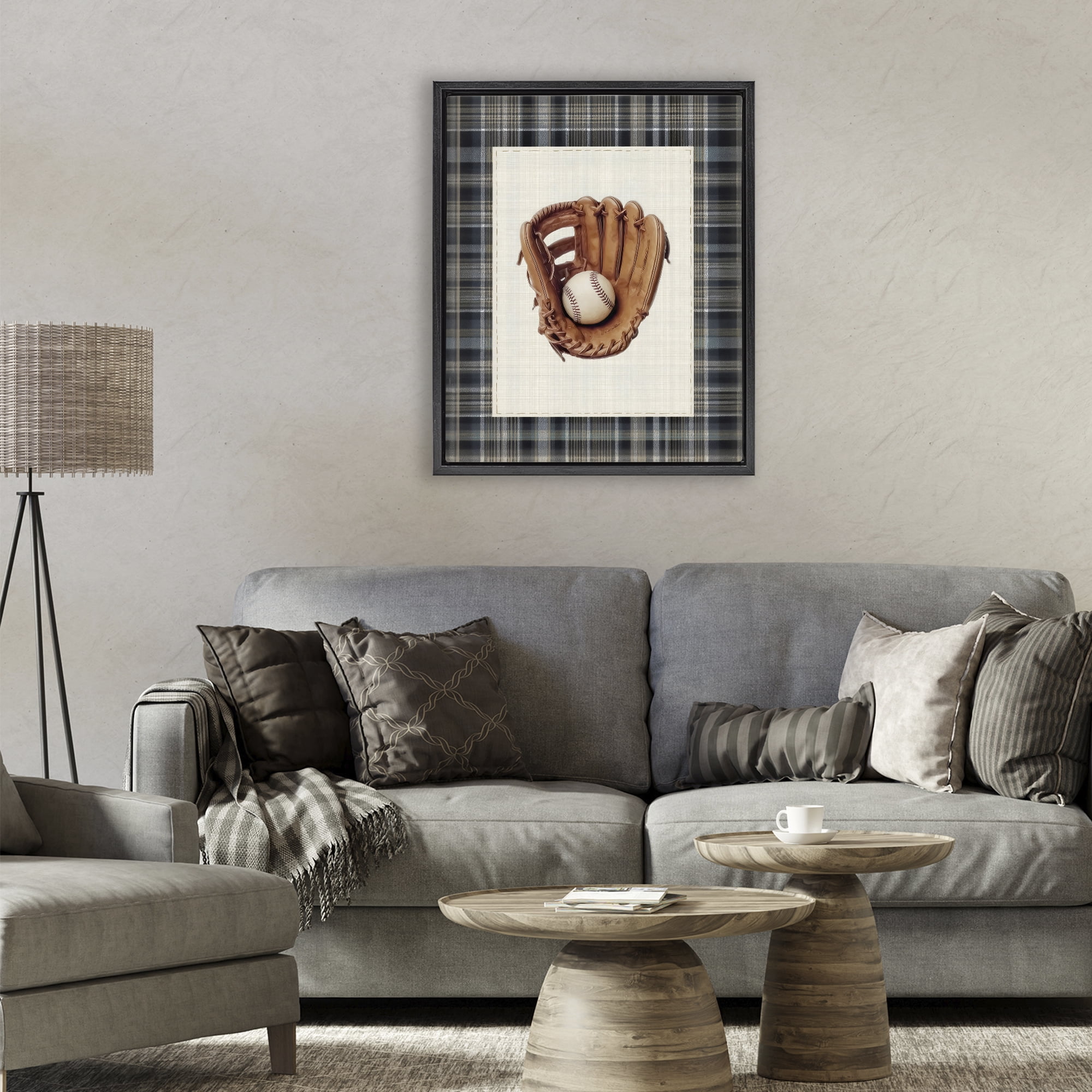 Stupell Industries Baseball Glove with Plaid Black Framed Floater Canvas Wall Art, design by Arlington Prints