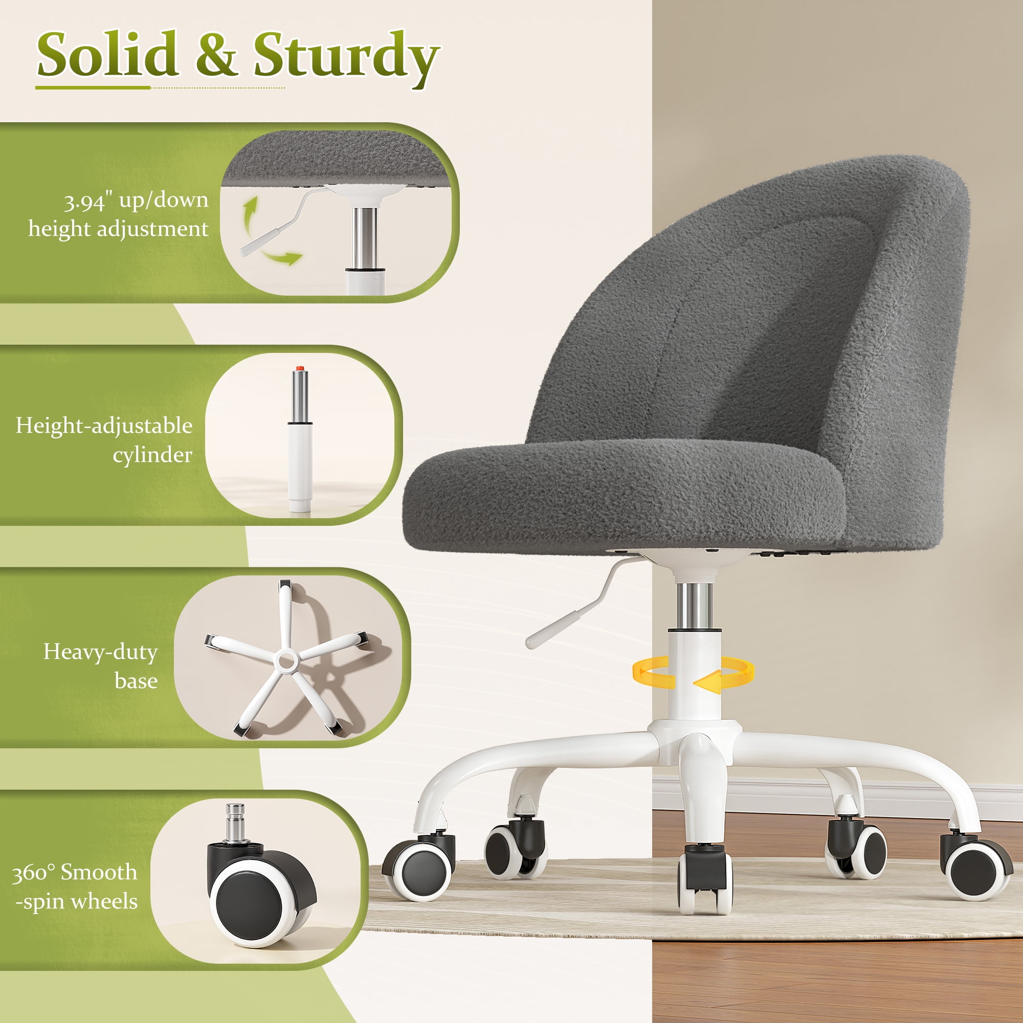 Romorgniz Vanity Chair Height Adjustable Desk Chair with Wheels, Armless Office Chair with Soft Lumbar Support for Small Space, Bedroom, Home office, Grey