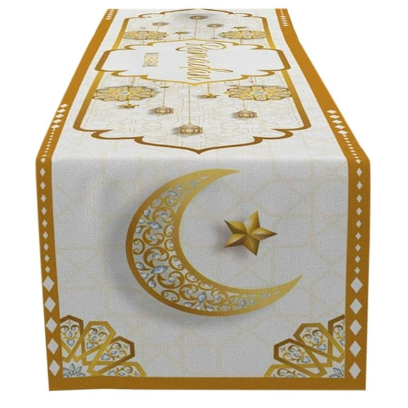 Eid Mubarak Table Runner - White & Gold Ramadan Decorations with Mosque Lantern Design for Holiday Dining Table Decor, Home Kitchen & Farmhouse Party Supplies