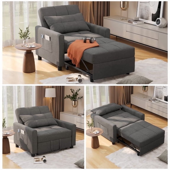 Noelse Convertible Chair Bed, 3-in-1 Sleeper Chair Bed with 3 levels Adjustable Backrest for Living Room Bedroom Apartment Small Space,Dark Gray