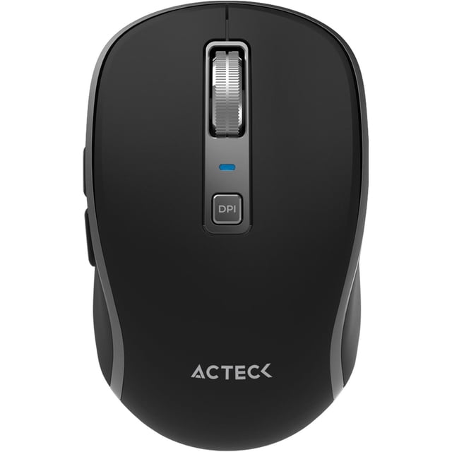 mouse acteck optimize trip pro mi580 inalambrico usb 2.4 ghz + bt 1600dpi 6 botones ergonomico Vista cenital frontal del mouse Acteck Optimize Trip Pro MI580 negro, cuerpo compacto con rueda de scroll plateada visible, botón DPI central con indicador LED azul, laterales con zonas de agarre y logo Acteck en la base; conecta por 2.4 GHz o Bluetooth, sensor óptico hasta 1600 DPI y carga por USB‑C; también es adecuado para llevar en viajes por su tamaño compacto.