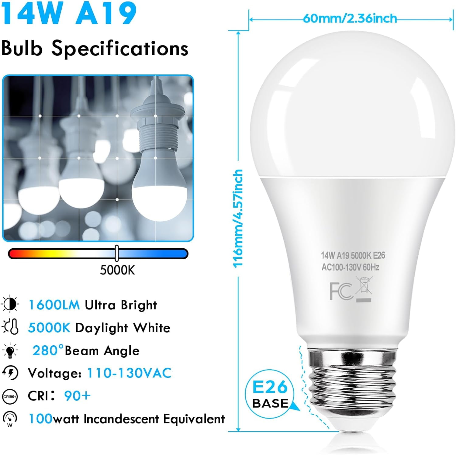 LED Light Bulbs 100 Watt Equivalent 1600 Lumens A19 14W Super Bright Daylight White 5000K Bulbs Standard E26 Medium Screw Non-Dimmable 25000+Hrs Lifespan No-Flicker 12-Pack