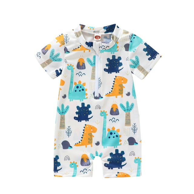 Gupgi Toddler Boys Swimsuits Baby Rash Guard Cartoon Dinosaur Short Sleeve Zipper Swimwear