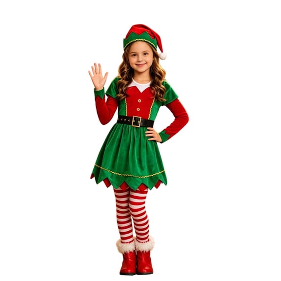LIIPEE Girls Christmas Elf Costume Holiday Party Dresses Hat Belt Socks Dress Up Clothes 4 Piece 2-14 Years