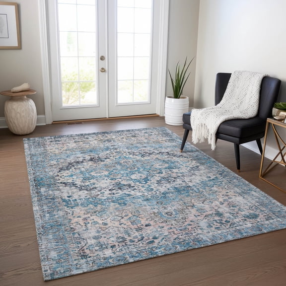 Addison Rugs Chantille Indoor/Outdoor Traditional Border Blue Machine Washable Rectangle Rug, 10' x 14'