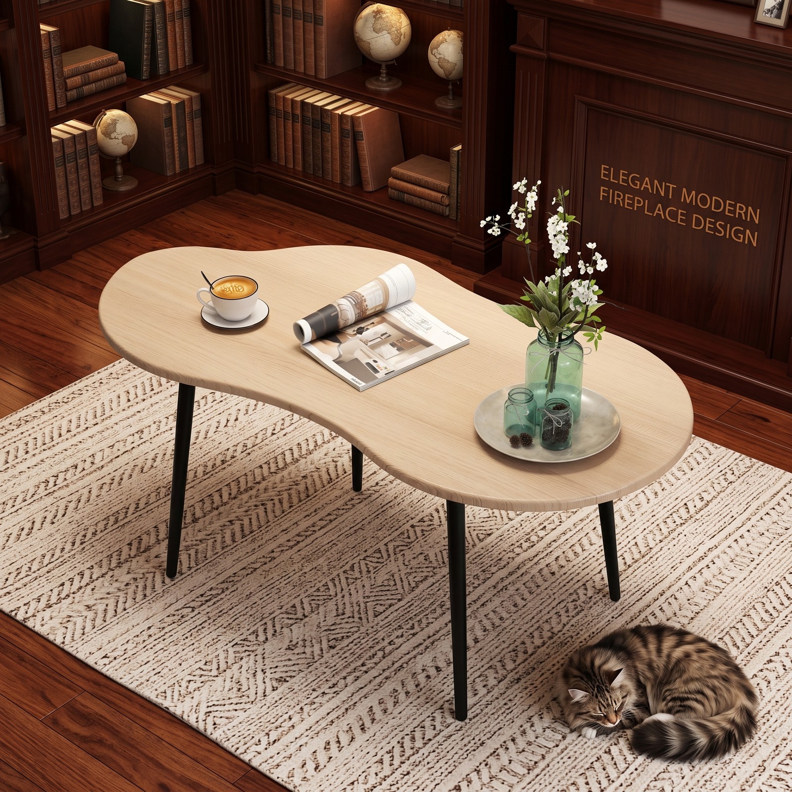 Furnibear Cloud Shape Coffee Table, 39.5 Inch Irregular Free Form Center Table with Sturdy Metal Frame, Wide Engineered Wood Top Accent Side Table for Living, Natural