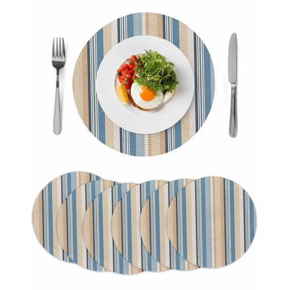 Blue Brown Beige Round 13 Inch Placemats Set of 6, Boho Farmhouse Abstract Stripes Art HeatResistant Non Slip Place Mats for Dining Table, Wipeable Braided Kitchen Table Mats for Housewarming