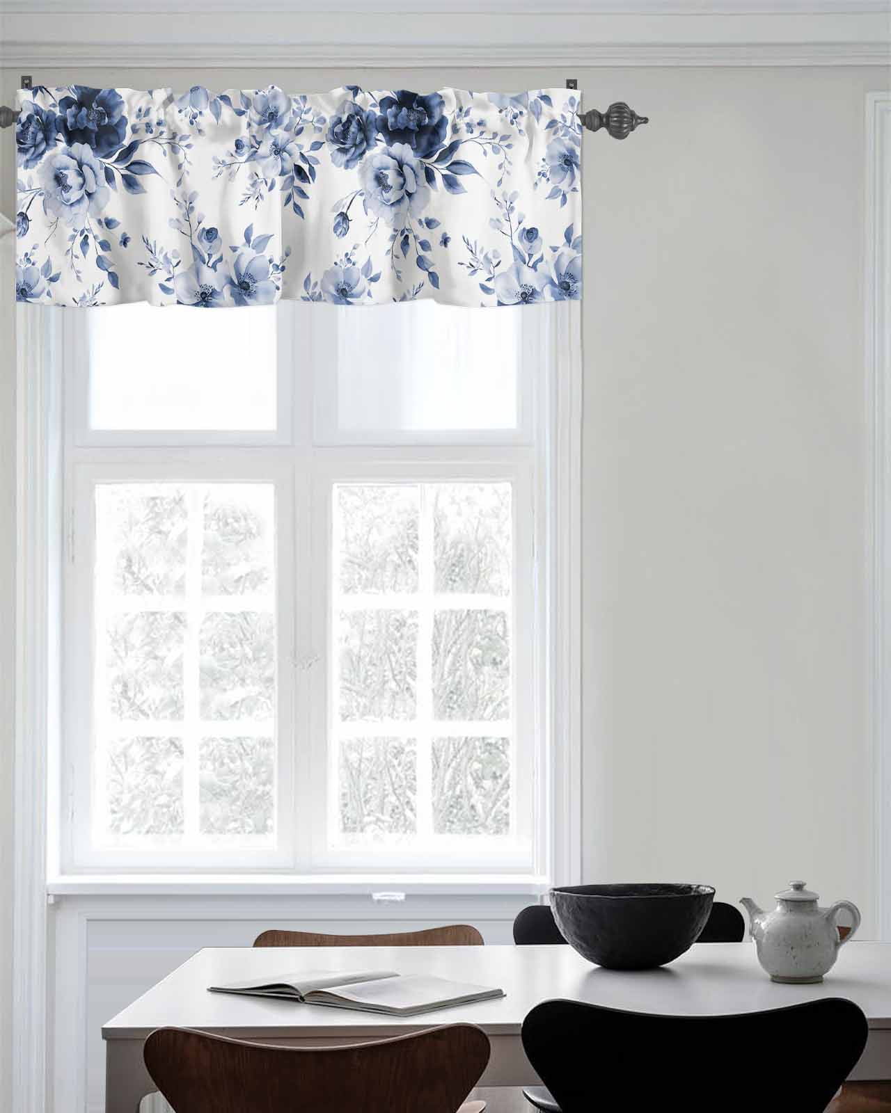 Booming Blue Gradient Floral Curtain Valances for Kitchen Windows,Rod Pocket Short Valance Watercolor Flowers on White Window Treatment for Living Room Bathroom Bedroom,54" x 18"-1 Panel