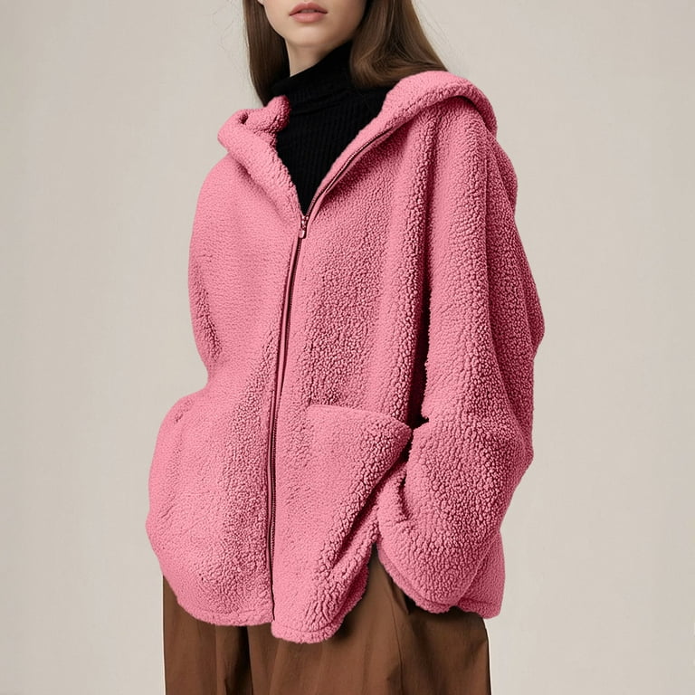 Casual Jacket Pink Hooded Teddy Coat Womens Fleece Zip Up Jacket