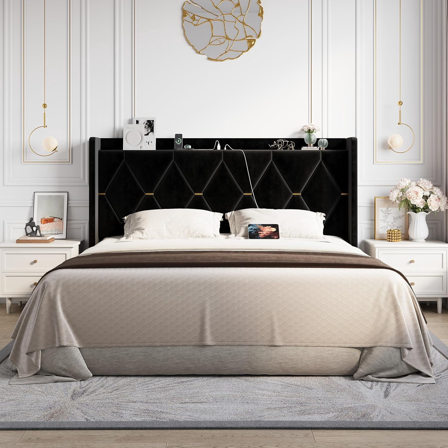 Allewie Velvet King Upholstered Bed Frame with Wingback Storage Headboard & Charging Station, Platform Bed with Diamond Tufted Design & Gold Trim, No Box Spring Needed, Easy Assembly, Black