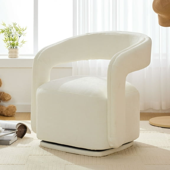 CQSXDA Chenille Fabric Swivel Accent Armchair, Barrel Leisure Chair With Curved Backrest, 22-Inch Seat Depth, White