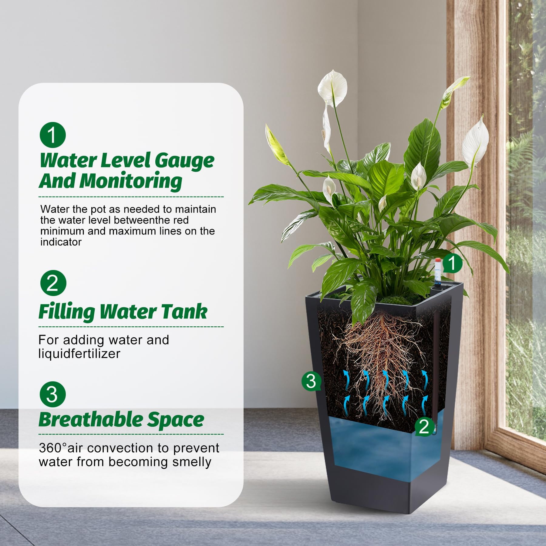 21.7" Tall Planters Set of 2,Outdoor＆Indoor Pots,High Front Porch Planter Pots with Drainage Holes＆Water Level Monitor＆Inner Bucket,Automatic Watering,for Patio,Porch,Living Room or Home Office