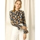 thumbnail image 3 of Blusa con cuello En V y lazo floral Allegra K camisa de manga larga con volantes y trompeta Naranja azul M, 3 of 6