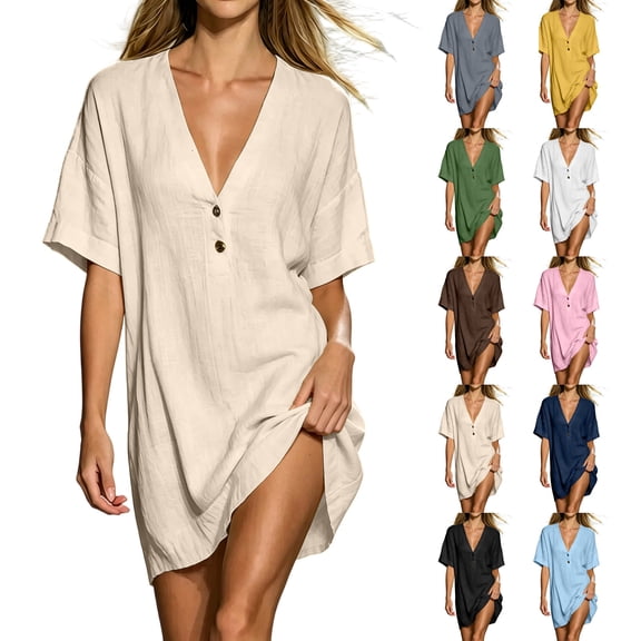 Ihhxva Cotton Dress for Women V-Neck Short Sleeve Relaxed Fit Cropped Stretchable Summer Loose Solid Color Mini Length Shift Style Sundress Beach Vacation Party S-2XL