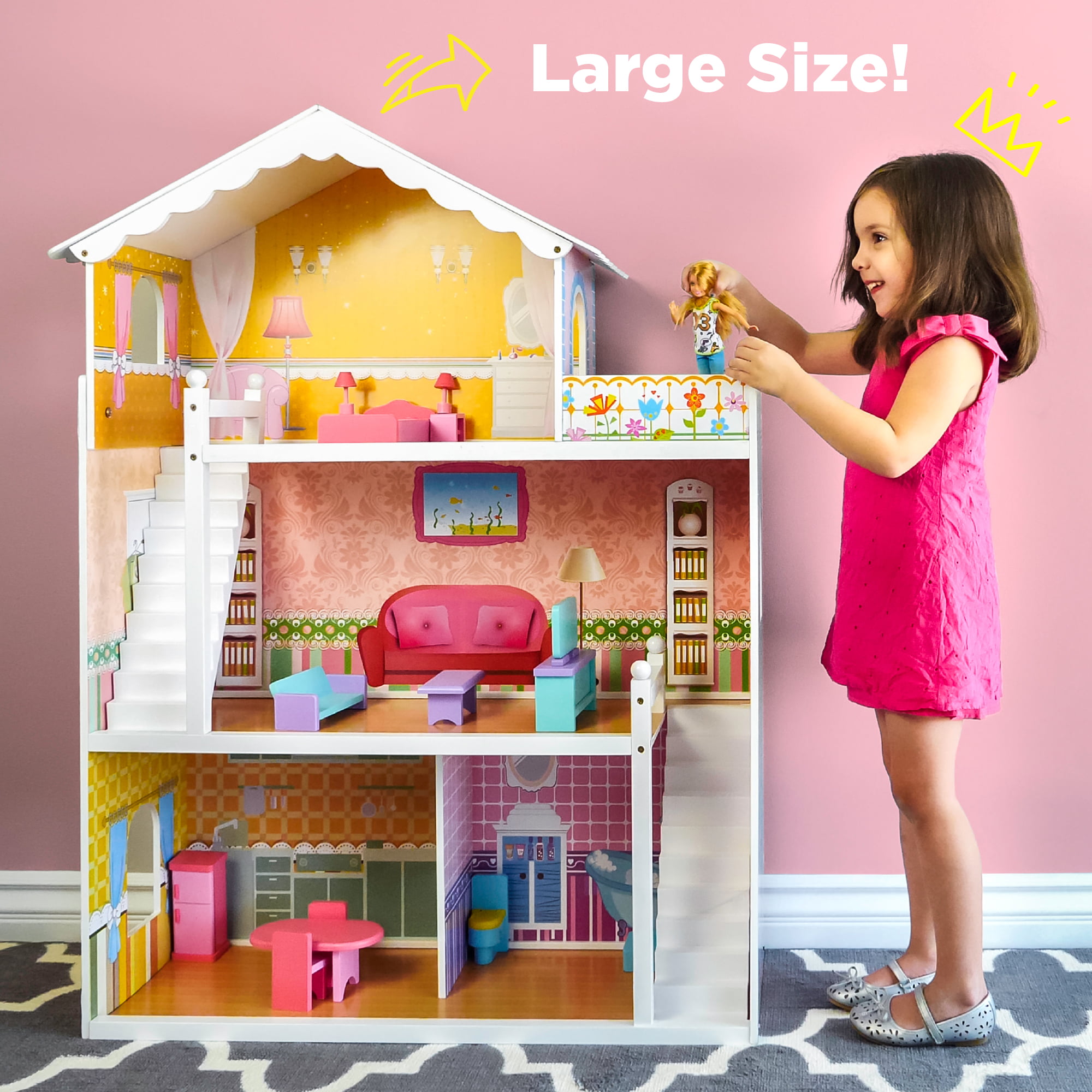 Kiddi Style Tall Kids Girls Wooden Mansion Doll House & Furniture Fits Barbie 