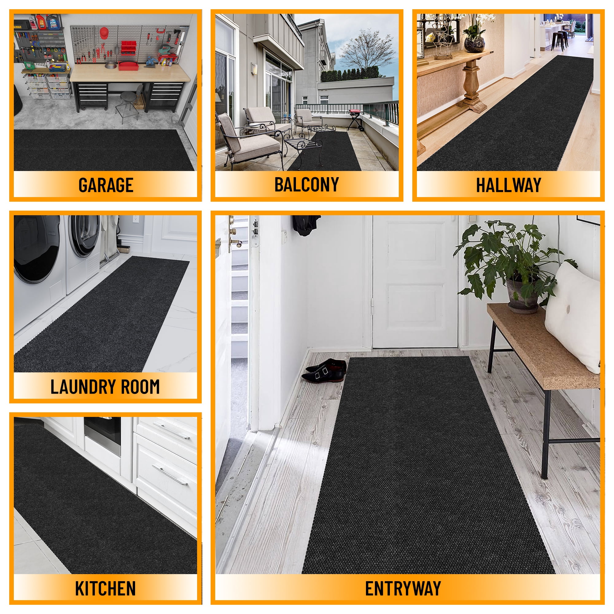 Ottomanson 2' x 31' Heavy Duty Non-Slip Hallway Runner Rug, Waterproof Commercial Floor Mat, Black