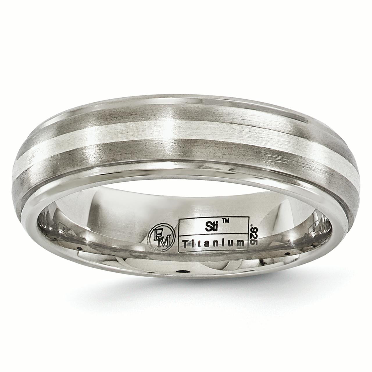 Jewelry Stores Network Mens Titanium Flat 6mm Sterling Silver Inlay Brushed Wedding Band Ring