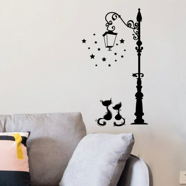 Adhesivos de pared para lámpara de calle con dibujos animados y estrellas decorativas de gatos