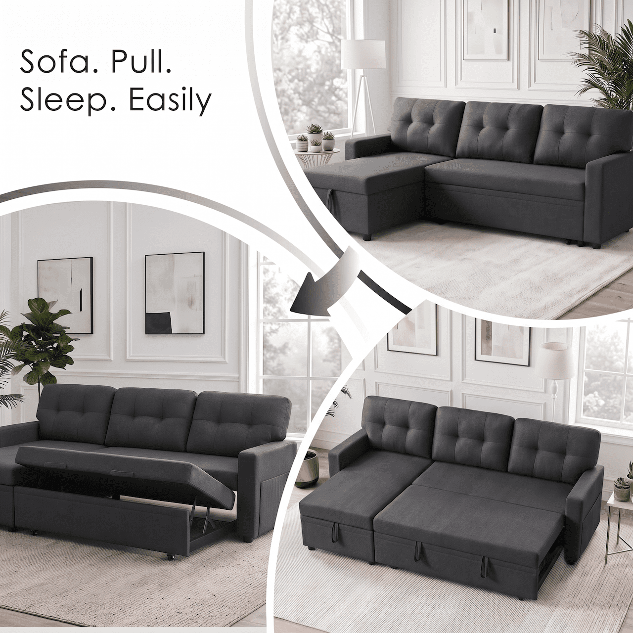 Xiweot Sectional Sleeper Sofa Bed 82" Convertible L Shaped Couch with Storage Chaise, USB Ports & Side Pockets, Compact Linen Pull Out Sofa for Living Room Apartment Recreational Vehicle, Dark Gray
