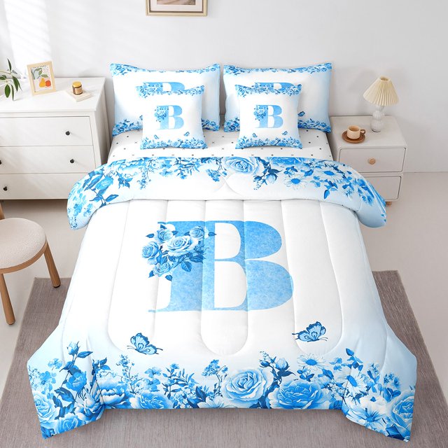 Erosebridal Letter Initial Bed in a Bag Full size,Monogrammed Personalized Bed Set,Flower Decor,Reversible,7pcs