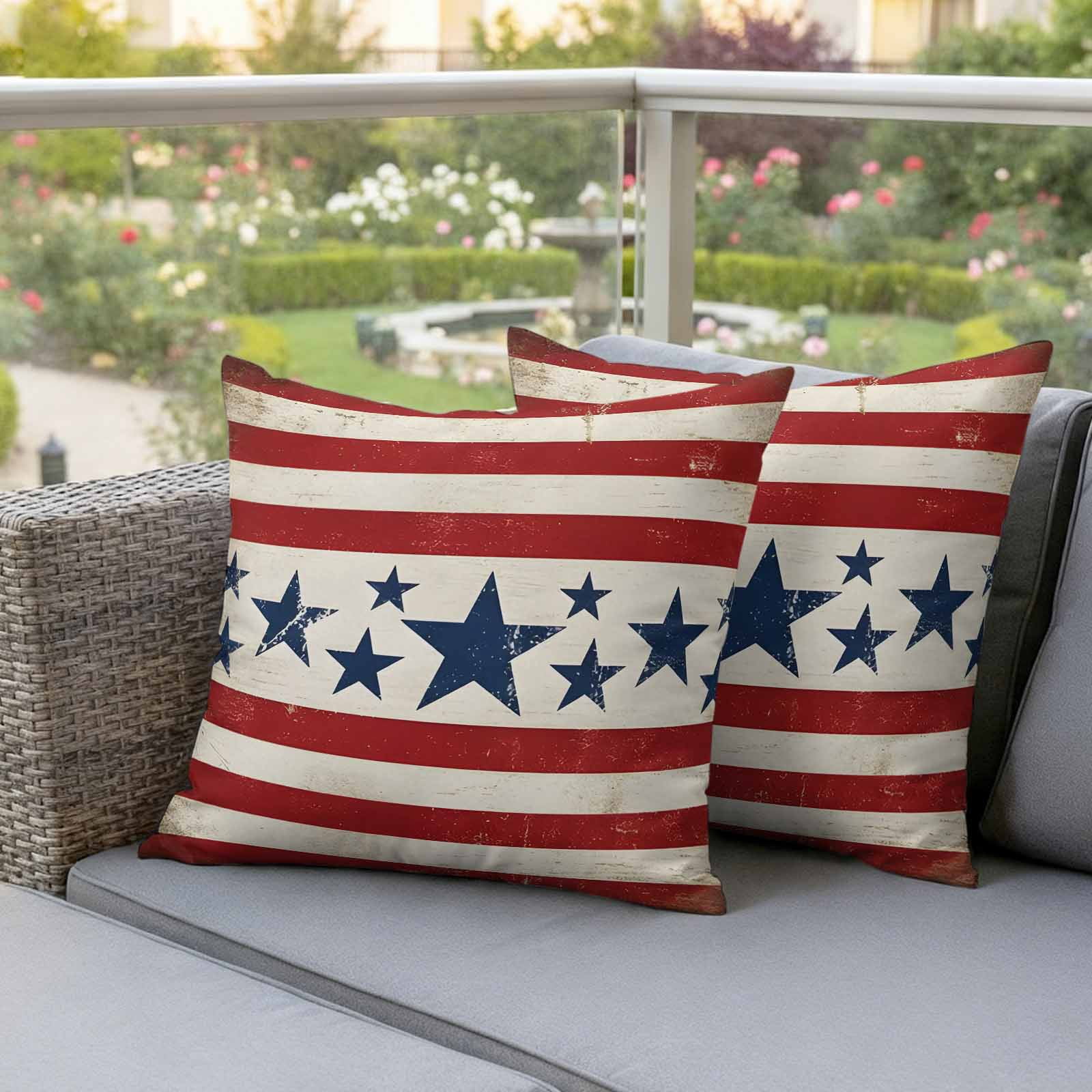 Vintage Stars Independence Day Outdoor Waterproof Pillow Covers, 4th of July Retro Striped Decorative Square Throw Pillowcase Sofa Cushion Sham for Patio/Couch/Chair, 20"x20" 2 Pack