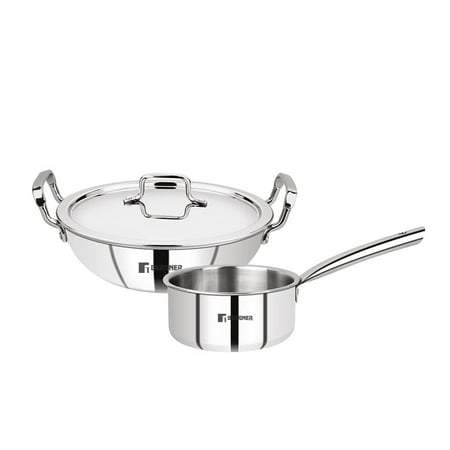 

Triply Stainless Steel 3 Pcs Cookware Set - 24cm 3.1 Liters Indian Wok Or Kadai With Lid + 16 Cm 1.7 Liters Tea Pan Without Lid | Event Heating Induction Bottom & Gas Ready 5-year Warranty