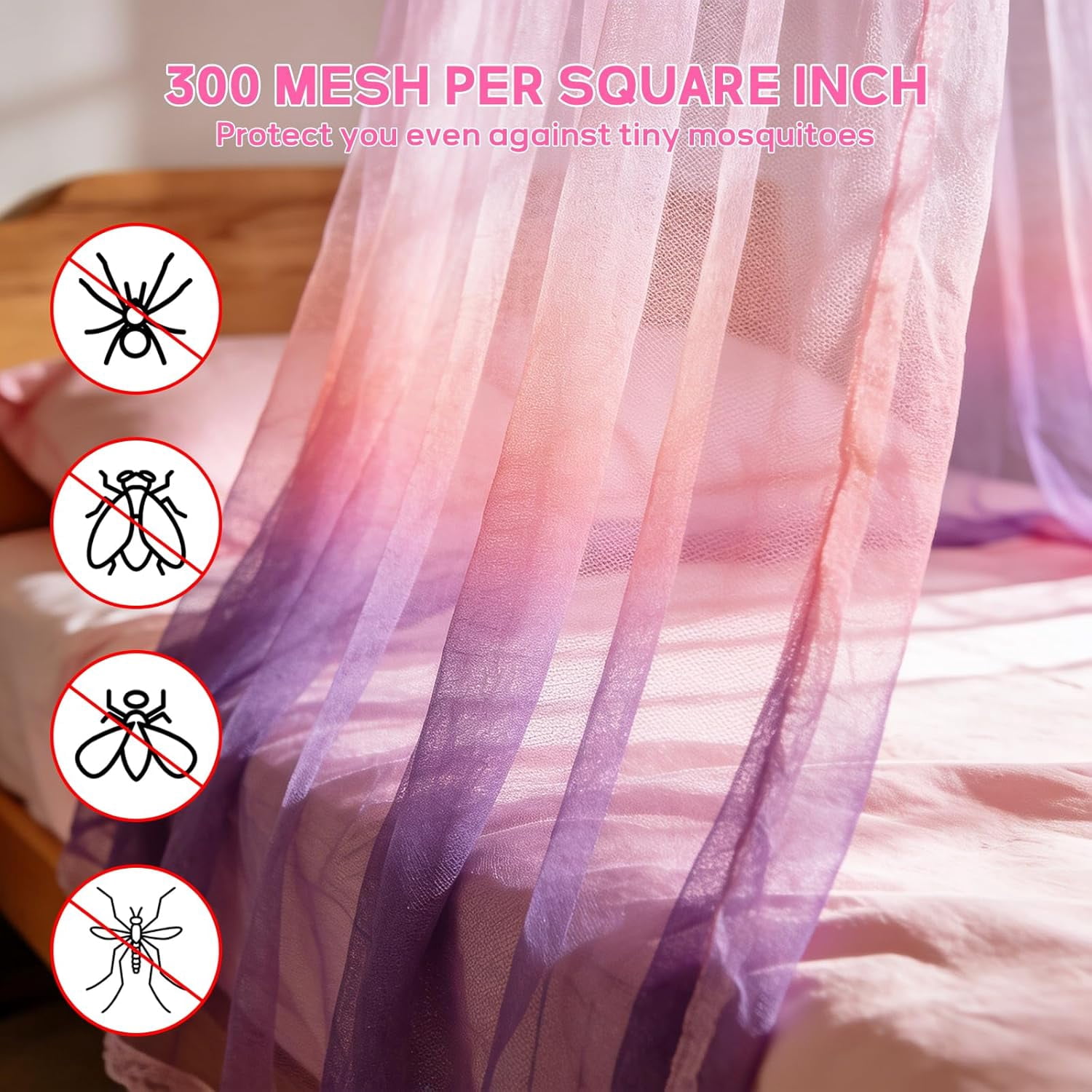 Mosquito Net Bed Canopy for Girls, Princess Bed Canopy Curtains Hanging Netting Bedroom Decor for Girls, Adults, Baby Crib, Dome Mosquito Netting Bed Tent Purple & Pink