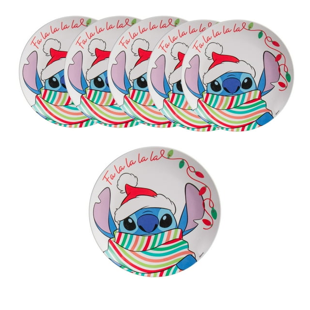Set 6 Platos Trinche o Llanos Redondos de Porcelana Resistente, Diseño Stitch Navideño Falalala, Disney Clásicos, Juego de Platos 23 cm